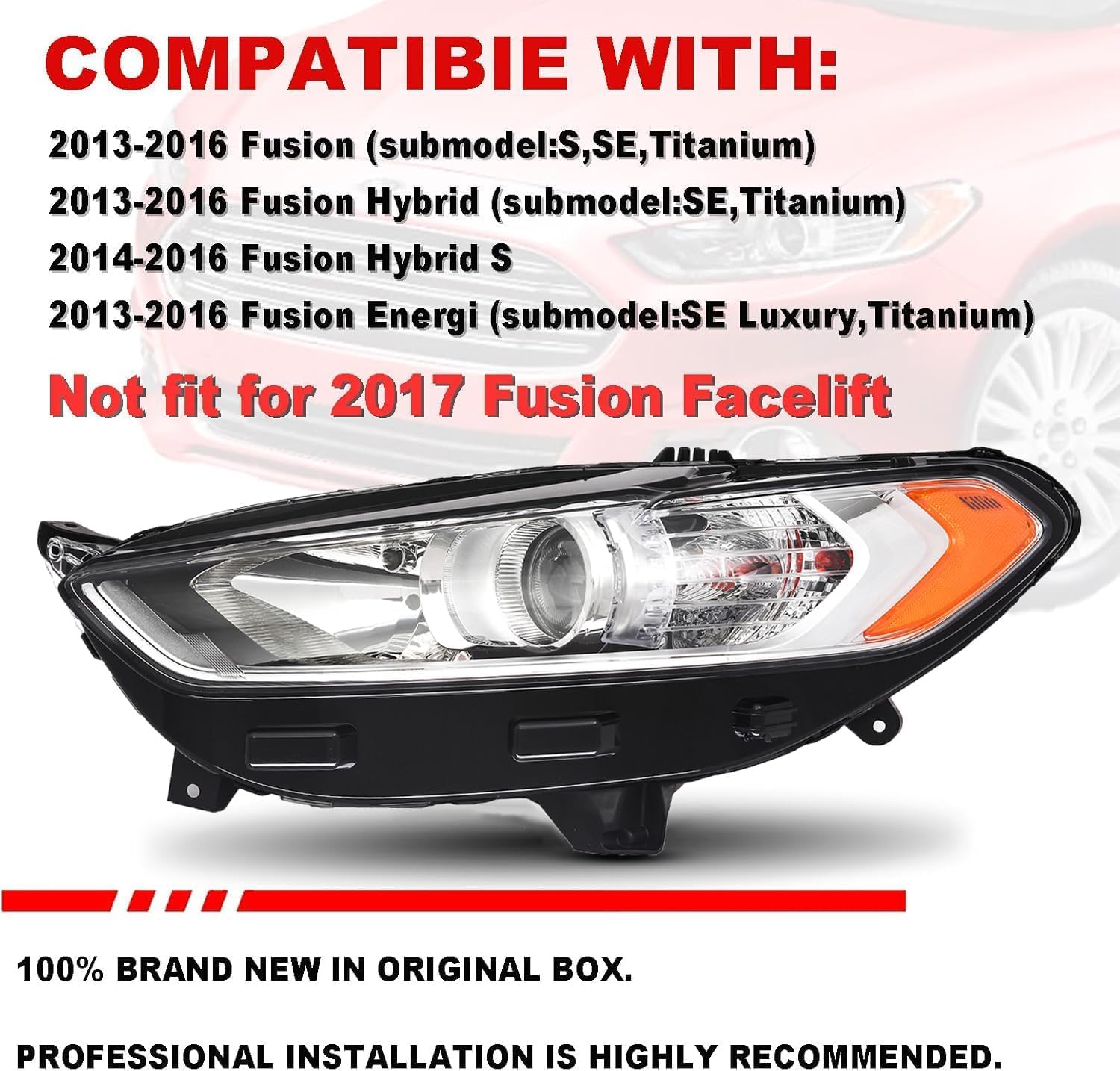 Headlights Assembly Pair with Bulbs for 2013 2014 2015 2016 Ford Fusion Halogen Projector Headlamps Head Lights Replacement Driver and Passenger Side,Chrome Housing Amber Reflector