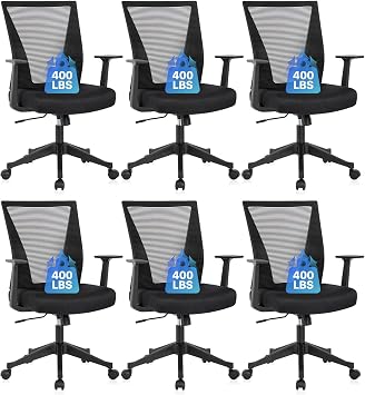 CLATINA Big and Tall Office Chair, Heavy Duty Ergonomic Mesh Computer Desk Chair with Armrests, Adjustable Height Rolling Swivel Mid Back Executive Task Chairs for Home Office Conference, Black, 6PK