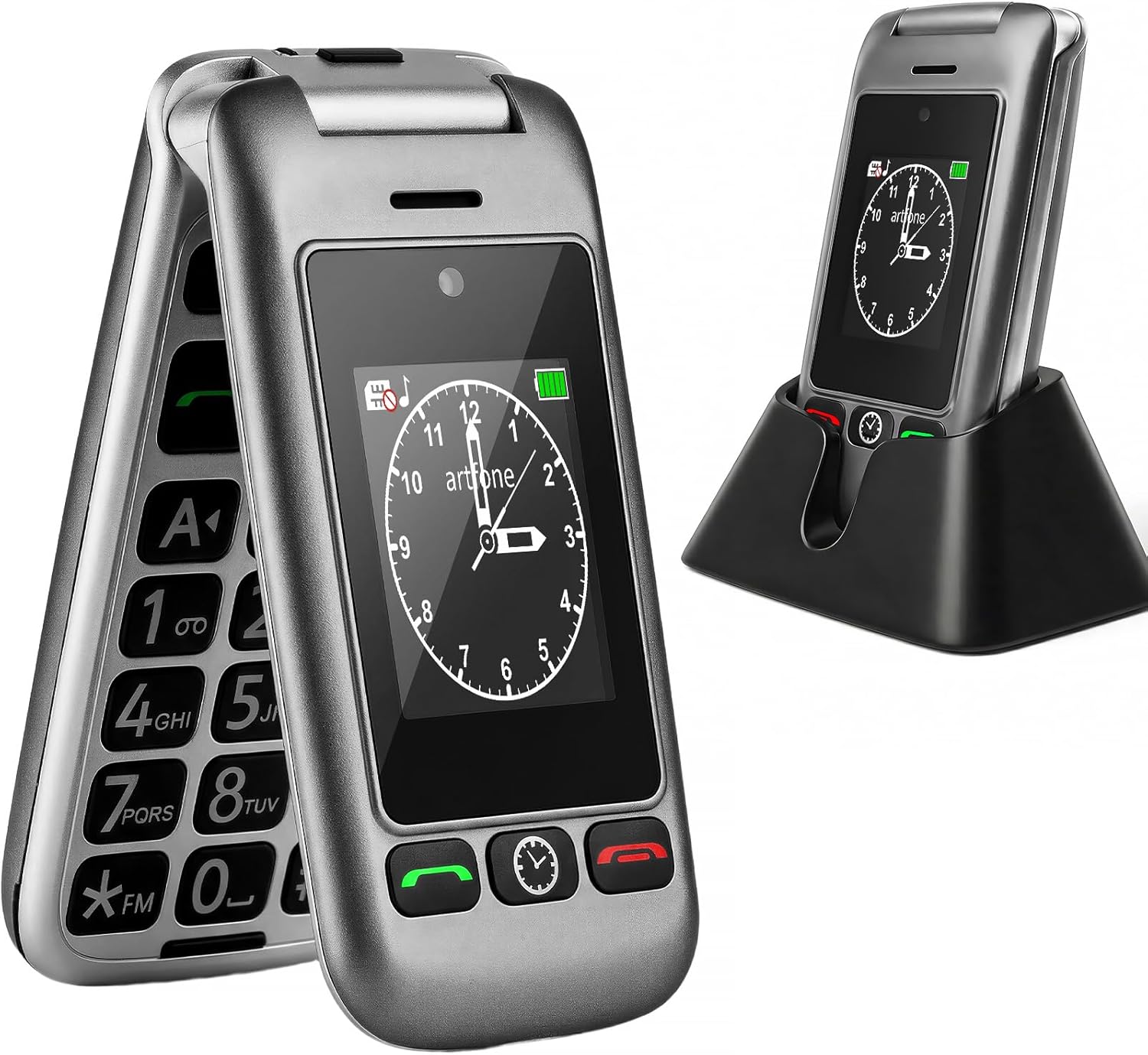 artfone G6 4G Seniorenhandy Klapphandy ohne Vertrag,GSM Großtasten Mobiltelefon SOS Notruffunktion,Taschenlampe,FM Radio,2.4 Zoll Dual Display Handy für Senioren,1300-mAh-Batterie (mit Ladestation)
