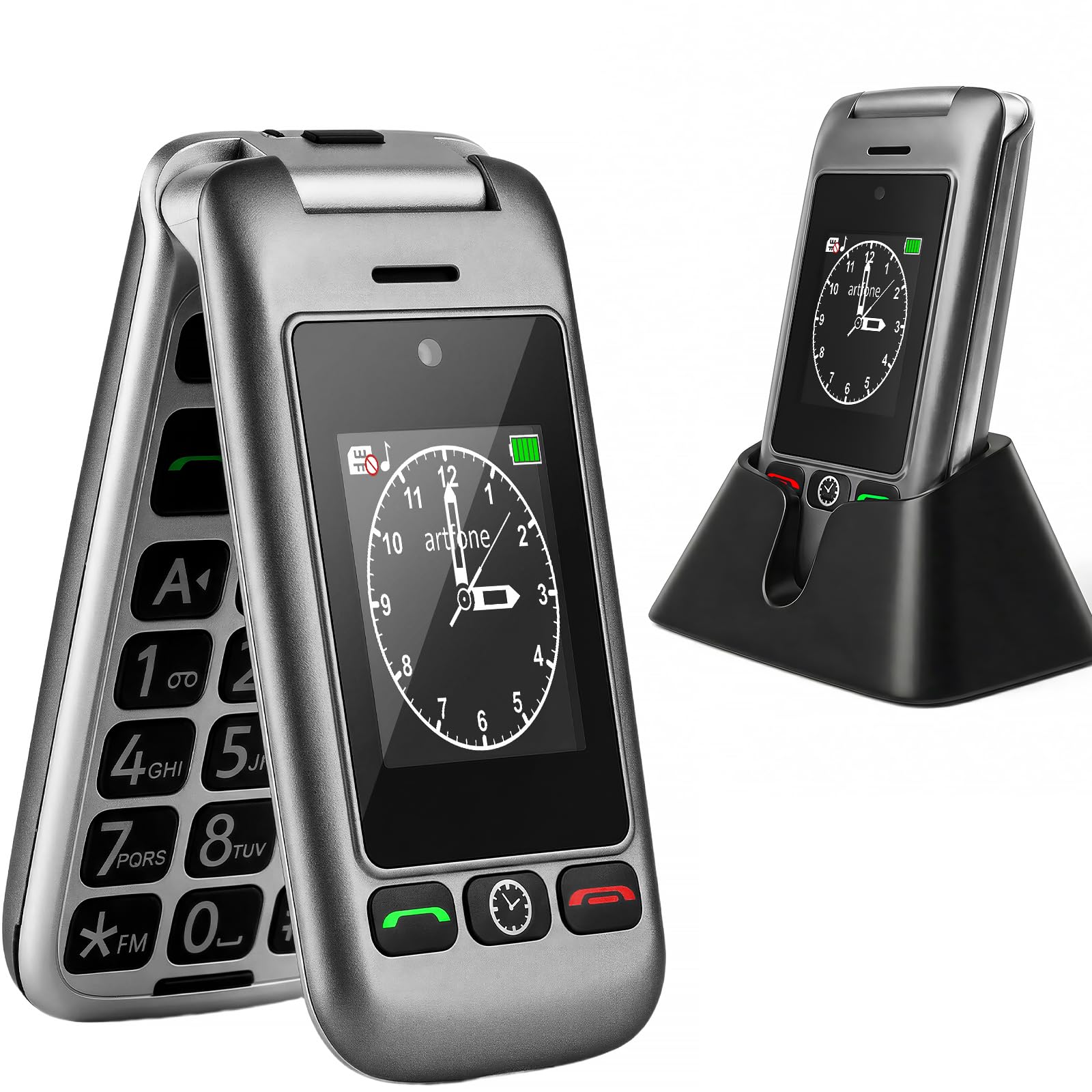 artfone G6 4G Seniorenhandy Klapphandy ohne Vertrag,GSM Großtasten Mobiltelefon SOS Notruffunktion,Taschenlampe,FM Radio,2.4 Zoll Dual Display Handy für Senioren,1300-mAh-Batterie (mit Ladestation)