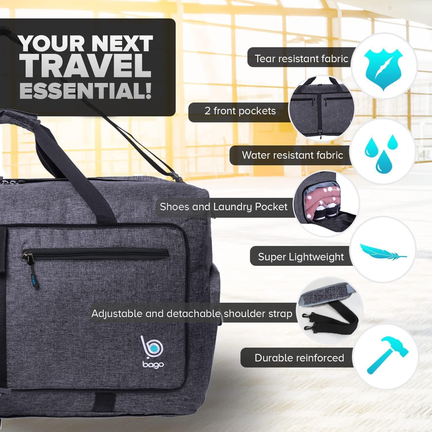 Bago Large Duffle Bag for Travel Women & Men. Durable Lightweight Foldable Travel Duffel Bags For Traveling Women. 80L Duffle Bags For Overnight Bag With Shoe Compartment Collapsible Weekender duffel