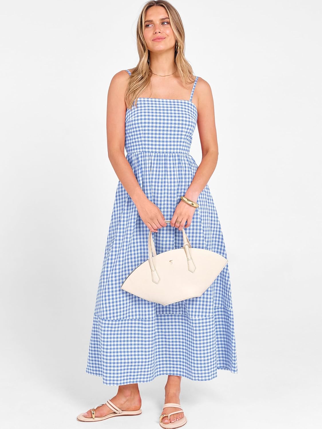 Caracilia Womens Maxi Dresses Gingham Spaghetti Strap Back Smocked Flowy Long Sundress Summer Beach Vacation Clothes 2026 - Image 6