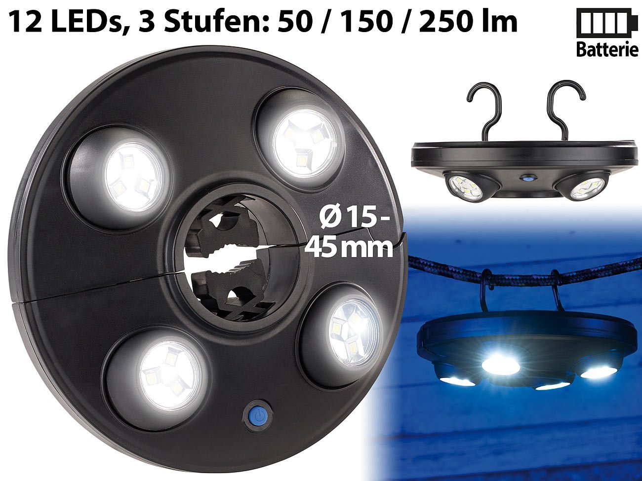 Luminea Schirmbeleuchtung LED: LED-Schirmleuchte LSL-250 mit 4 dreh- und dimmbaren Spots, 250 Lumen (Sonnenschirmbeleuchtung, Schirmlampe, Zelt)