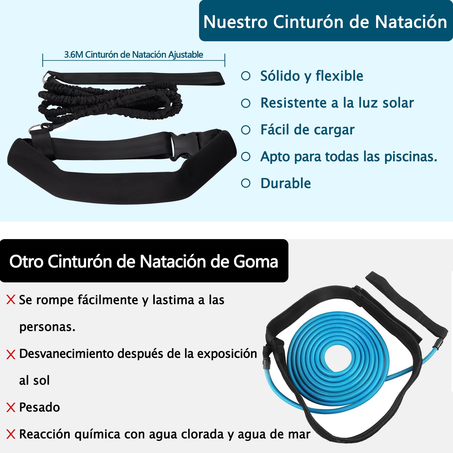Boosteady Cinturon Natacion Cinturón de natación para Piscina 3,6 M cinturón de Resistencia de natación Ajustable Correa de cinturón de Entrenamiento de natación para niños Adultos