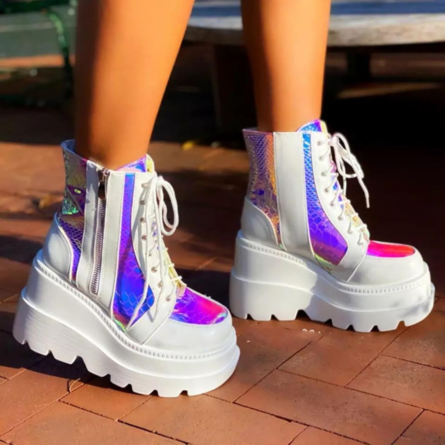 Women's Round Toe Lace-Up Chunky Platform Boots Zip High Heel Combat Wedge Ankle Boots Waterproof Motorcycle Boots