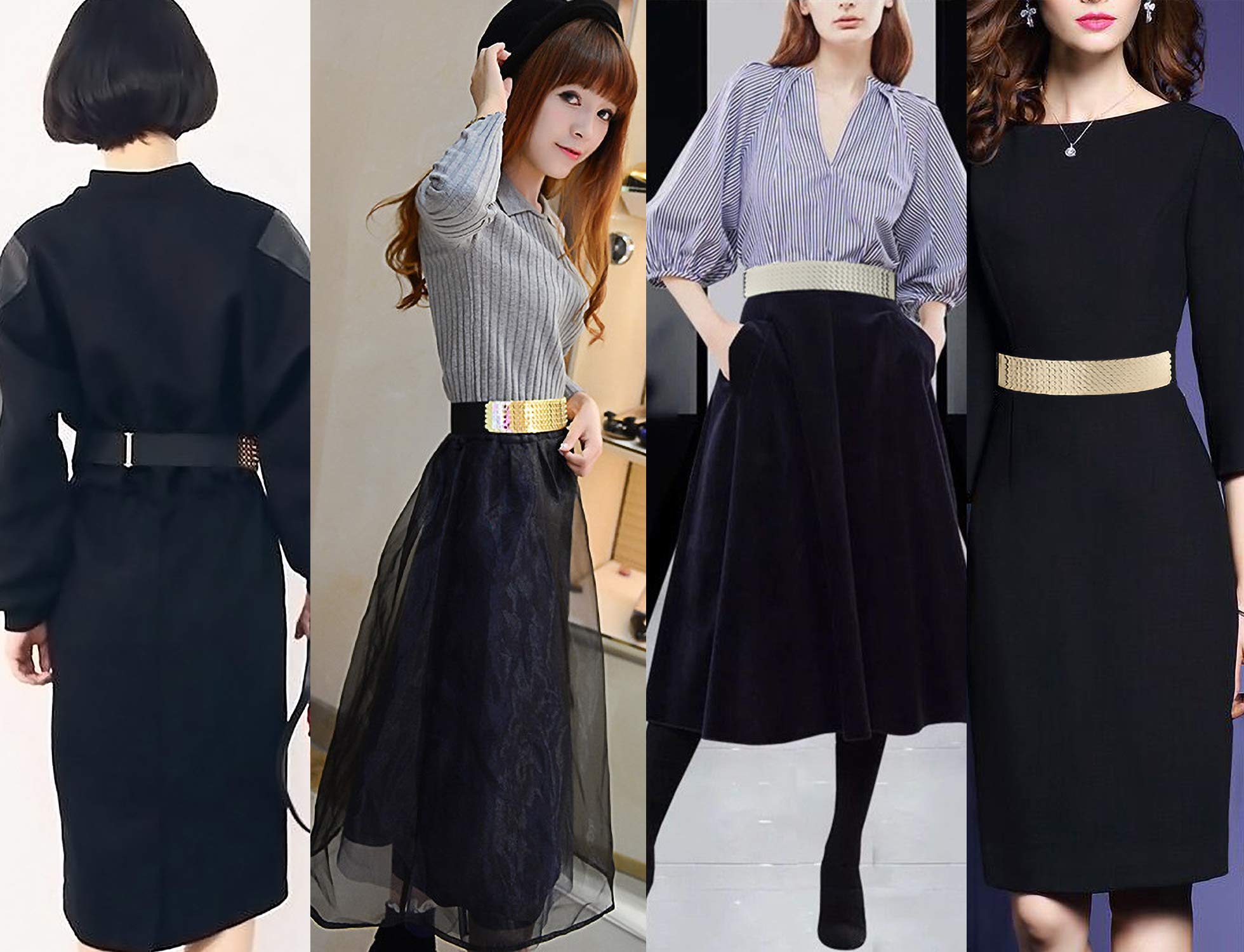 Bellady Fashion Women's Center-Scaled Texturized Metallic Stretch Belt,Gold