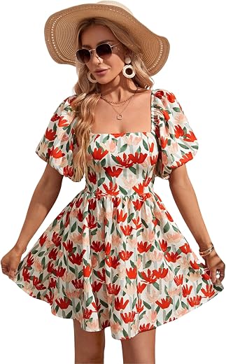 Aahwan Multicolor Solid Boho Bohemian Vacation Floral Flower Print Square Neck Puff Sleeve Elegant Dress for Women's & Girl's