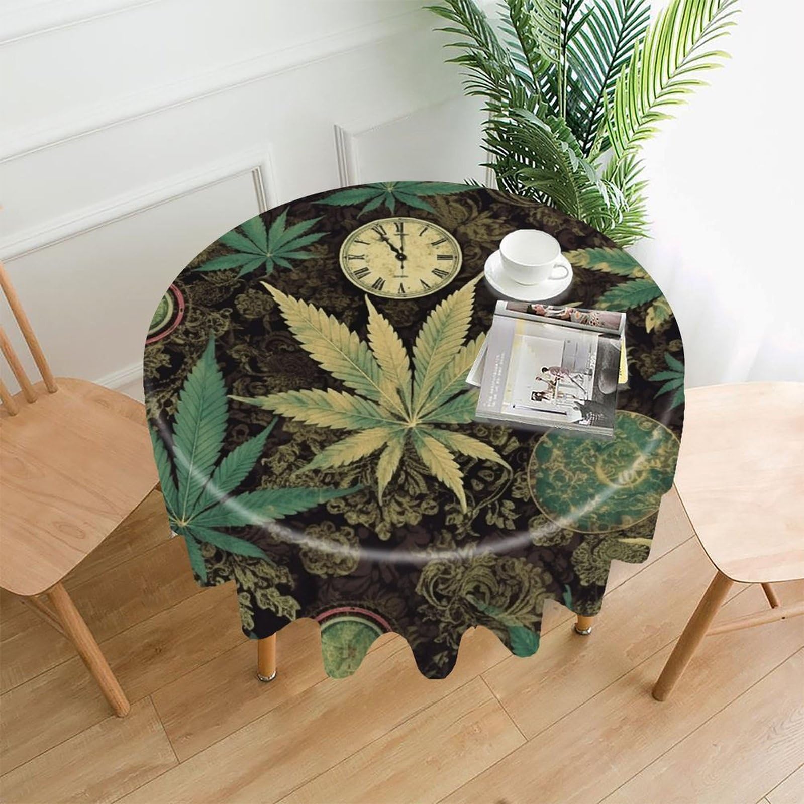 VstaDank A Puff in Time Weed Marijuana Tablecloth Easy to Clean Polyester Round Table Cover Washable Round Table Cloth Wrinkle-Free Circle Decoration Tablecloth for Kitchen Dining Room 60"