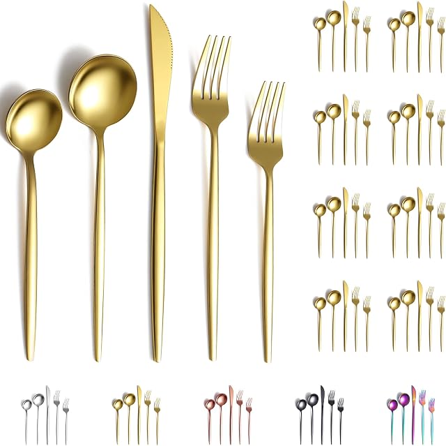Evanda Gold Cutlery Set 40 Piece Service for 8, Gold Titanium Plating Stainless Steel Silverware Set, Include Knives Forks Spoons Set, Idea Gift for Home and Wedding, Dishwasher Safe