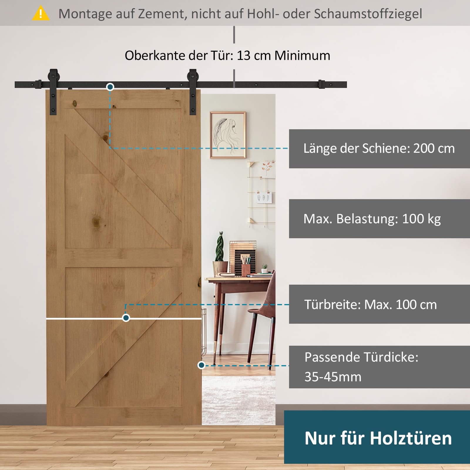 HOMCOM Juego de herrajes para puerta corredera 200 cm juego completo con rieles, rodillos, topes de riel, juego de tornillos para puerta, sistema de puerta corredera de acero al carbono negro