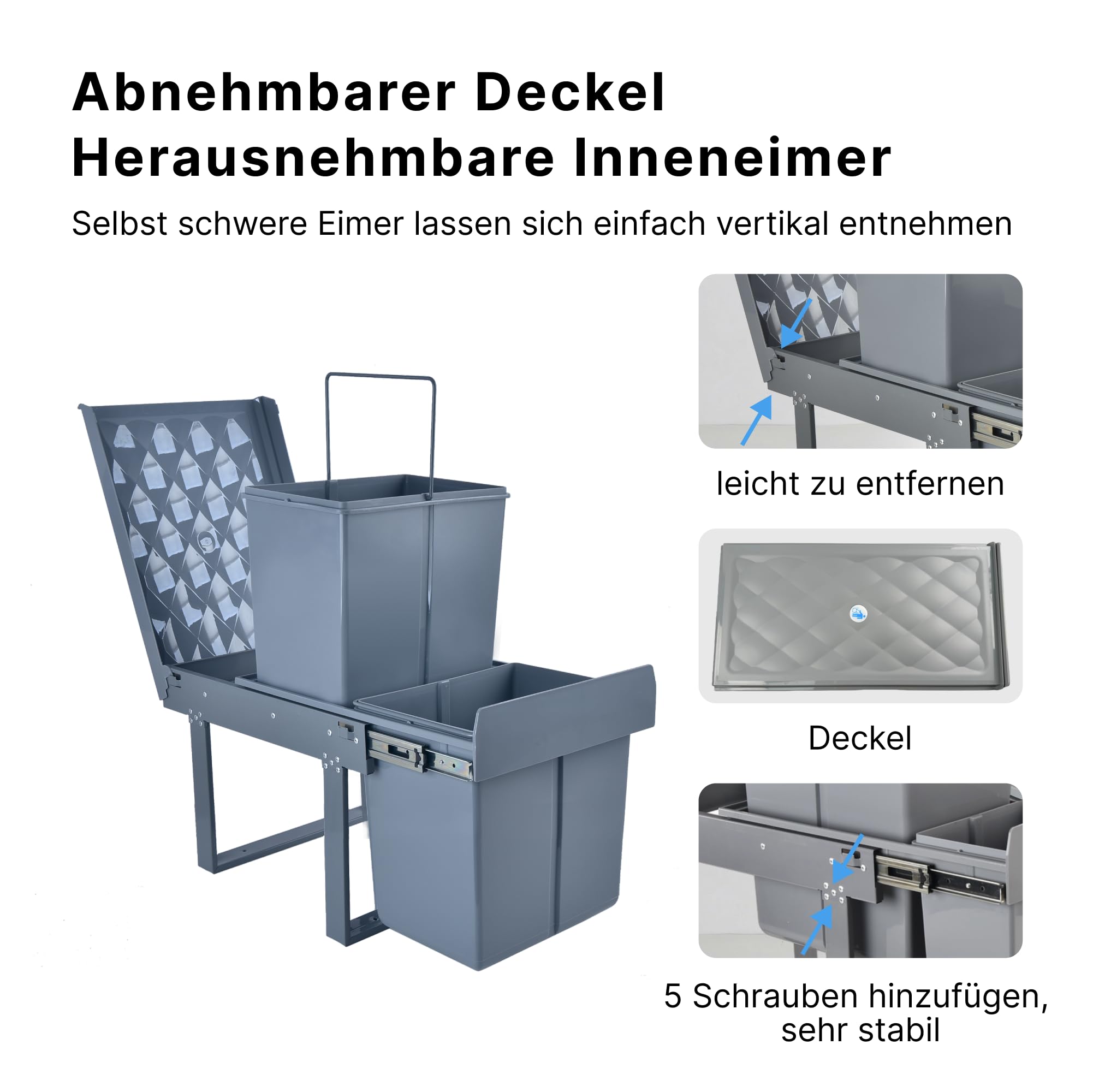 Einbaumülleimer Küche 2 Fächer (20L+10L) 48x33x35cm Mülleimer Grau | Mülltrennsystem für schmale Schränke, 5-Punkt-Verstärkung, ausziehbarer Unterschrank-Mülleimer, Abnehmbarer Deckel