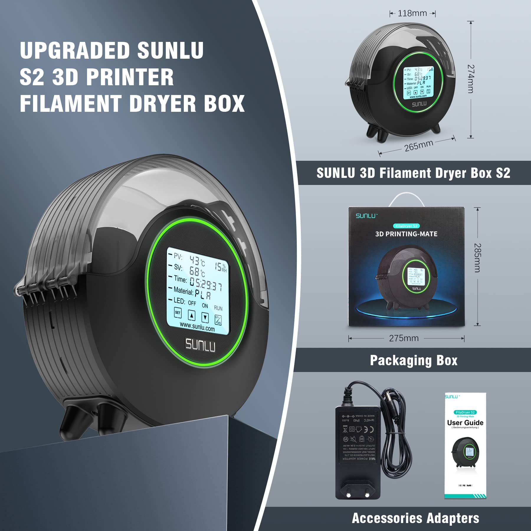 SUNLU Essiccatore Filamento per Stampante 3D S2, Filament Dryer Box Mantiene il Filamento Asciutto Durante la Stampa 3D, Riscaldamento Rapido Uniforme a 360°, Supporto per Bobina, Filadryer S2 Nero