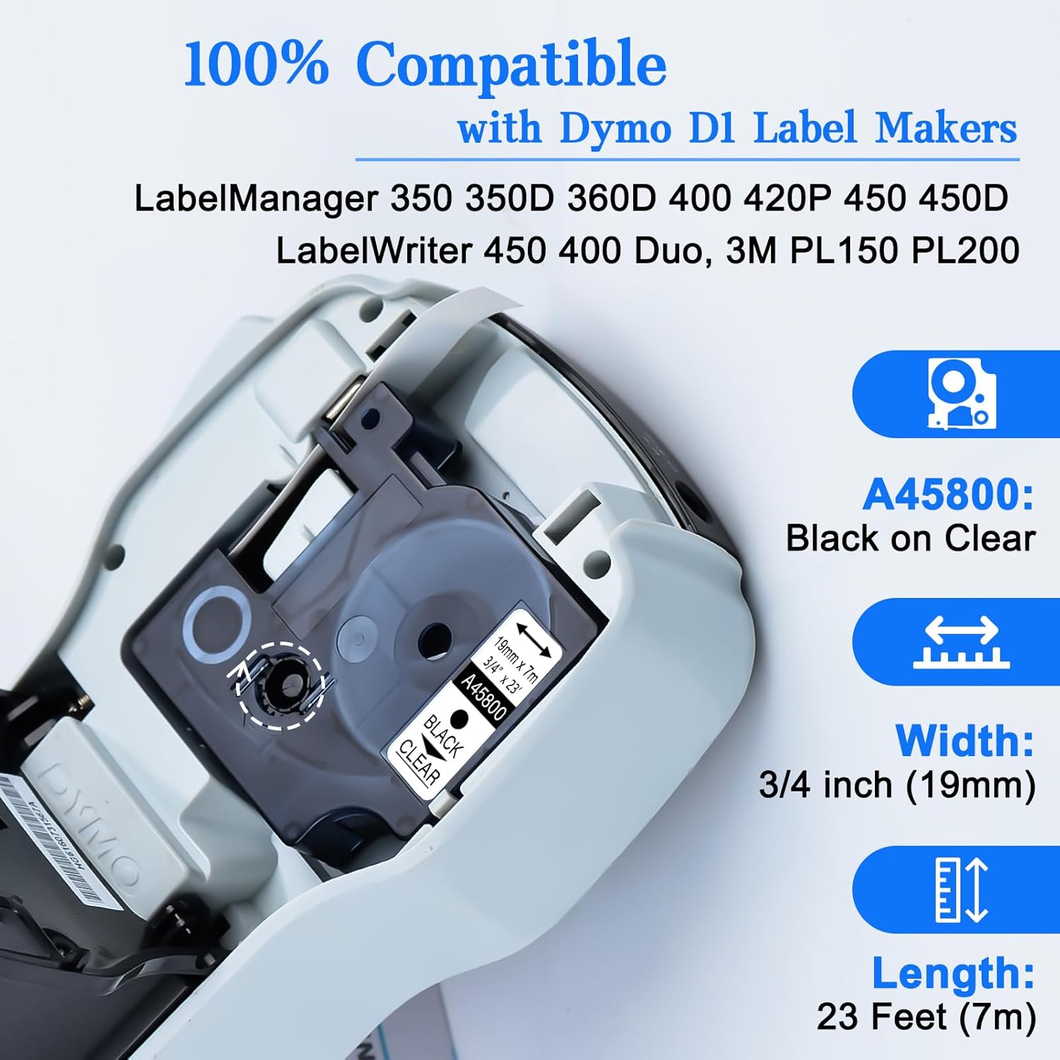 GREENCYCLE 6 Pack Compatible for Dymo D1 Label Maker 45800 19mm Label Maker Tape A45800 S0720820 Black on Clear 3/4 inch x 23 feet for LabelManager 300 350 350D 360D 400 420P 450 450D 500TS