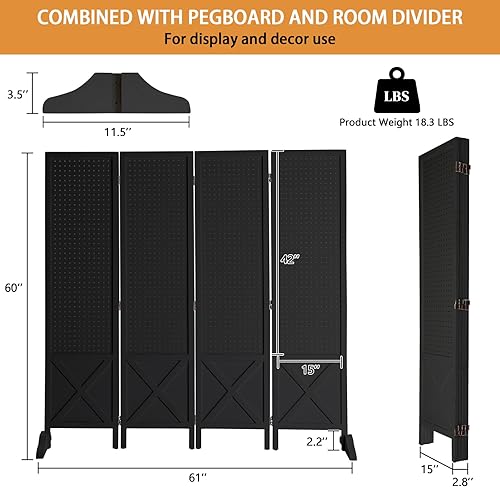 Miniatura 2 de VINGLI Tablero de clavijas independiente con patas de apoyo, organizador de tablero de exhibición de madera de 5 pies, pantalla de privacidad