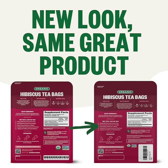 FGO Organic Hibiscus Tea, 100 Count, Eco-Conscious Tea Bags | Caffeine Free | Packaging May Vary | Pack of 1