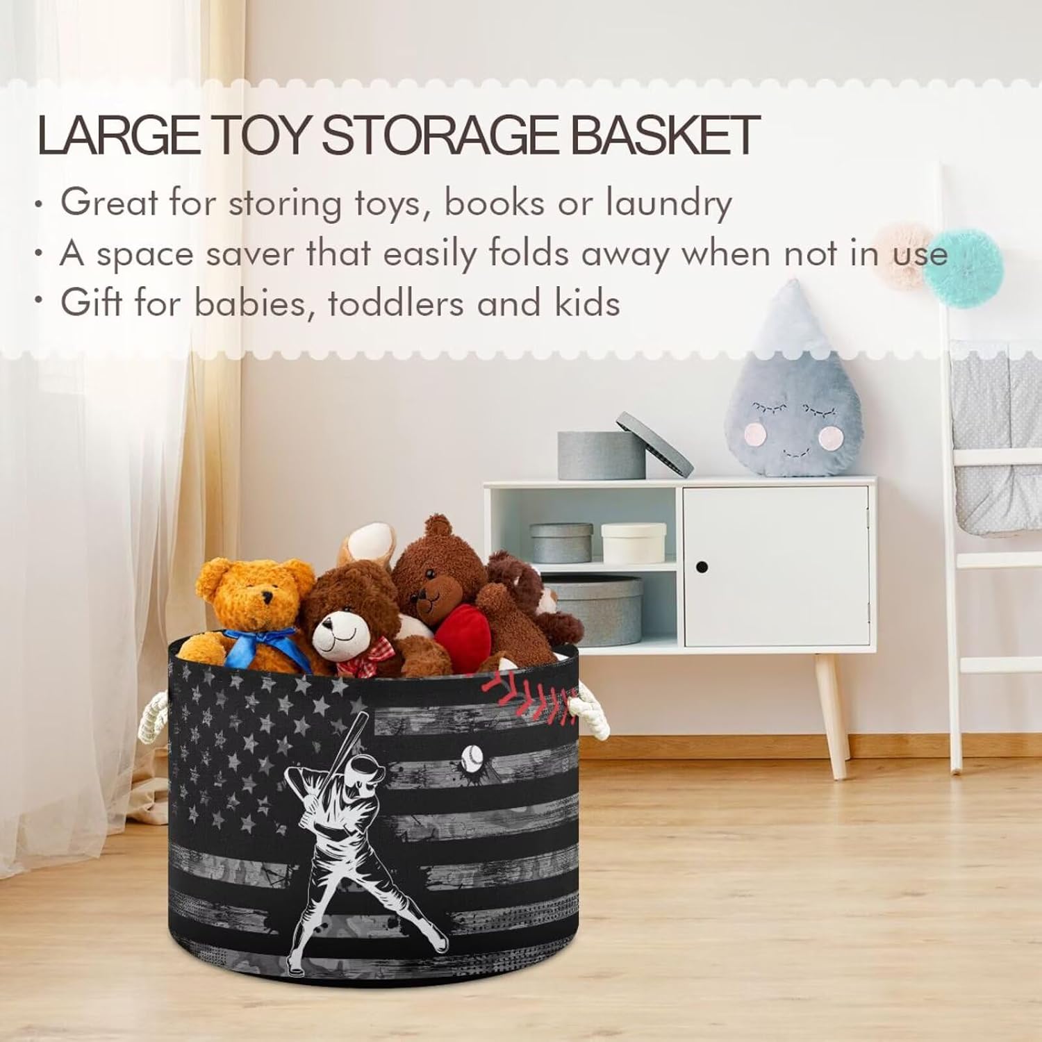 Baseball Print Round Storage Basket Retro American Flag Sports Ball Large Laundry Hamper 20 x 20 x 14 Inches Organizer Bin with Handles Clothes Storage Bag for Nursery Bedroom Living Room Decor
