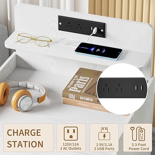 Miniatura 4 de Rreyet - Mesita de noche con estación de carga, 3 cajones con puertos USB y estante de almacenamiento abierto, moderna mesita de noche para