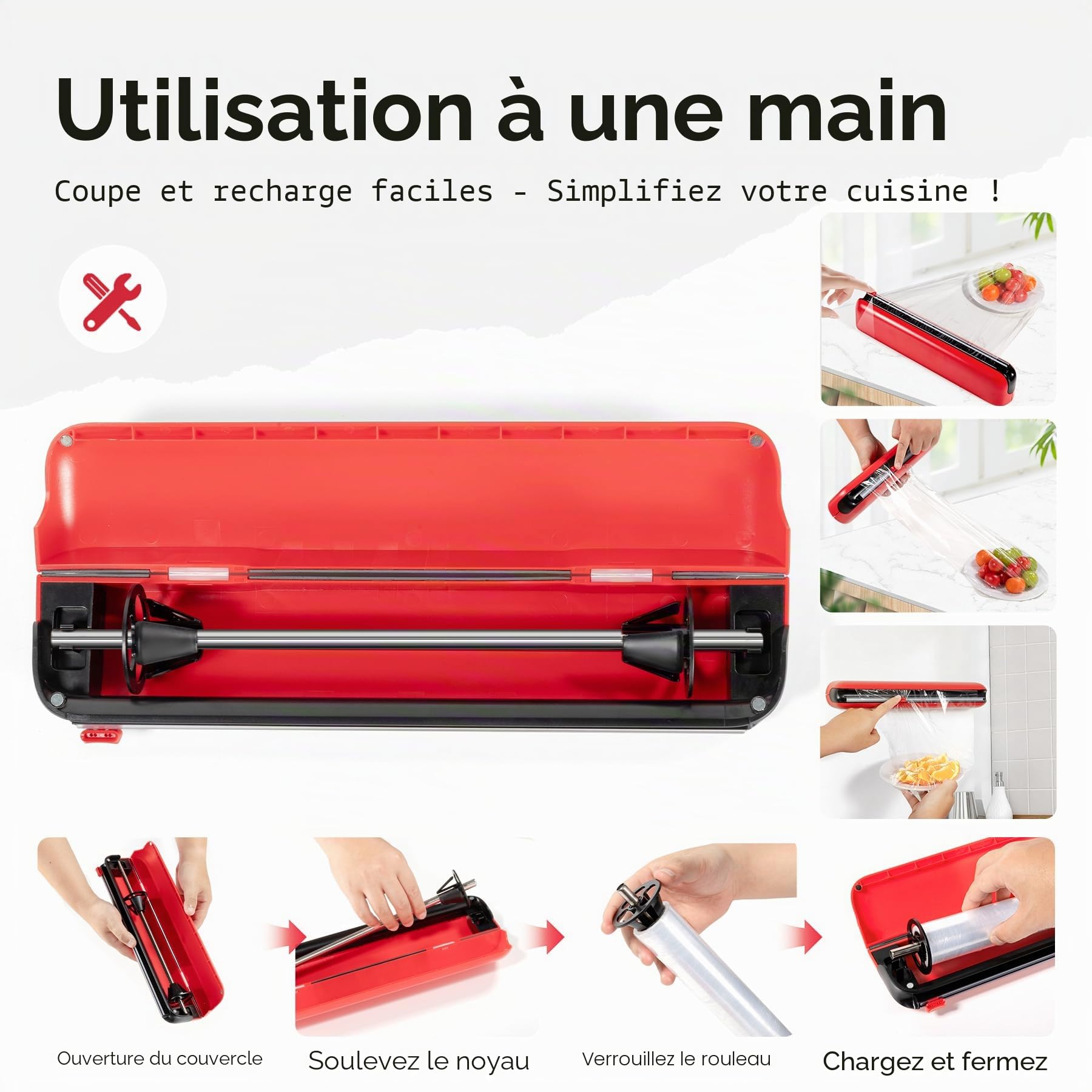 Derouleur Film Alimentaire avec Coupeur - Montage Magnétique Sans Percage, Distributeur Papier Aluminium et Film - Coupe Nette, Organisateur de Cuisine Compact pour Rouleaux 31 cm, Rouge