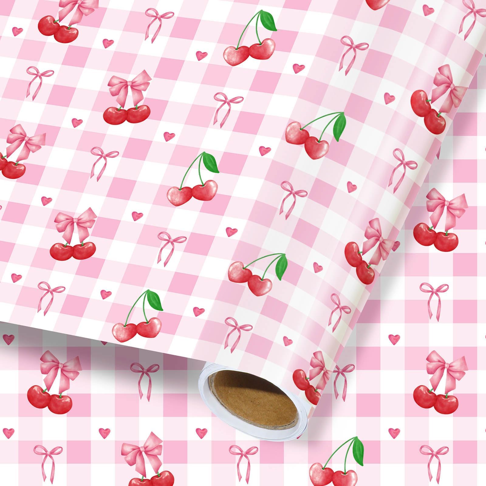 Pineraap Cherry Bow Wrapping Paper Roll, Pink Bow Plaid Printed Gift Wrap - 17 Inch x 16.4 Feet - Mini Roll, Fruit Wrapping Paper for Girls Birthday Wedding Baby Shower Coquette Party