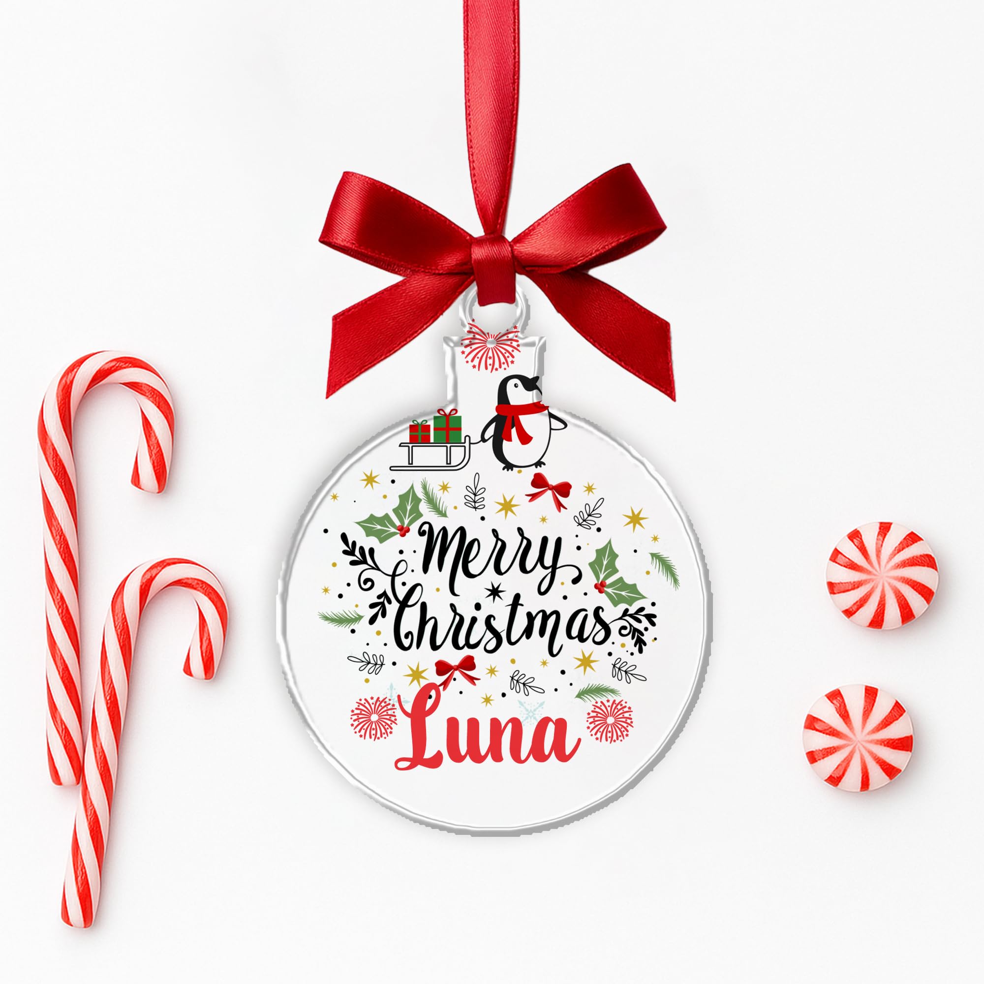 KreateSquare Personalised Christmas Bauble Xmas Tree Decoration with Customised Name and Red Ribbon Round Shaped Baubles | Celebrate Love & Togetherness – Custom Christmas Ornament Keepsake