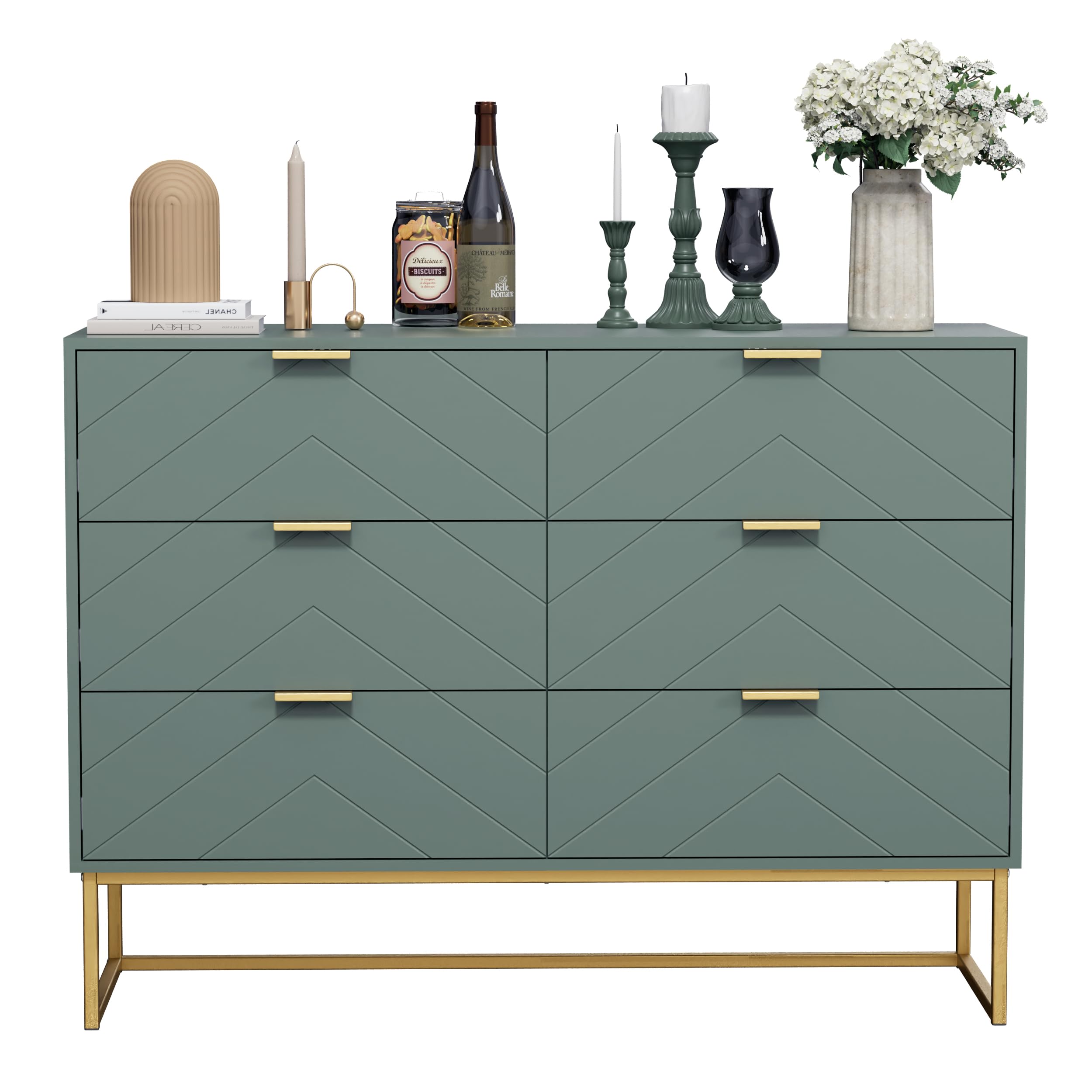 UEV Cómoda para Dormitorio, Cómoda con 6 Cajones y Patrón de Líneas, Armario Moderno y Práctico, Diseño Seguro Antivuelco, 100x34x73.5cm, Verde