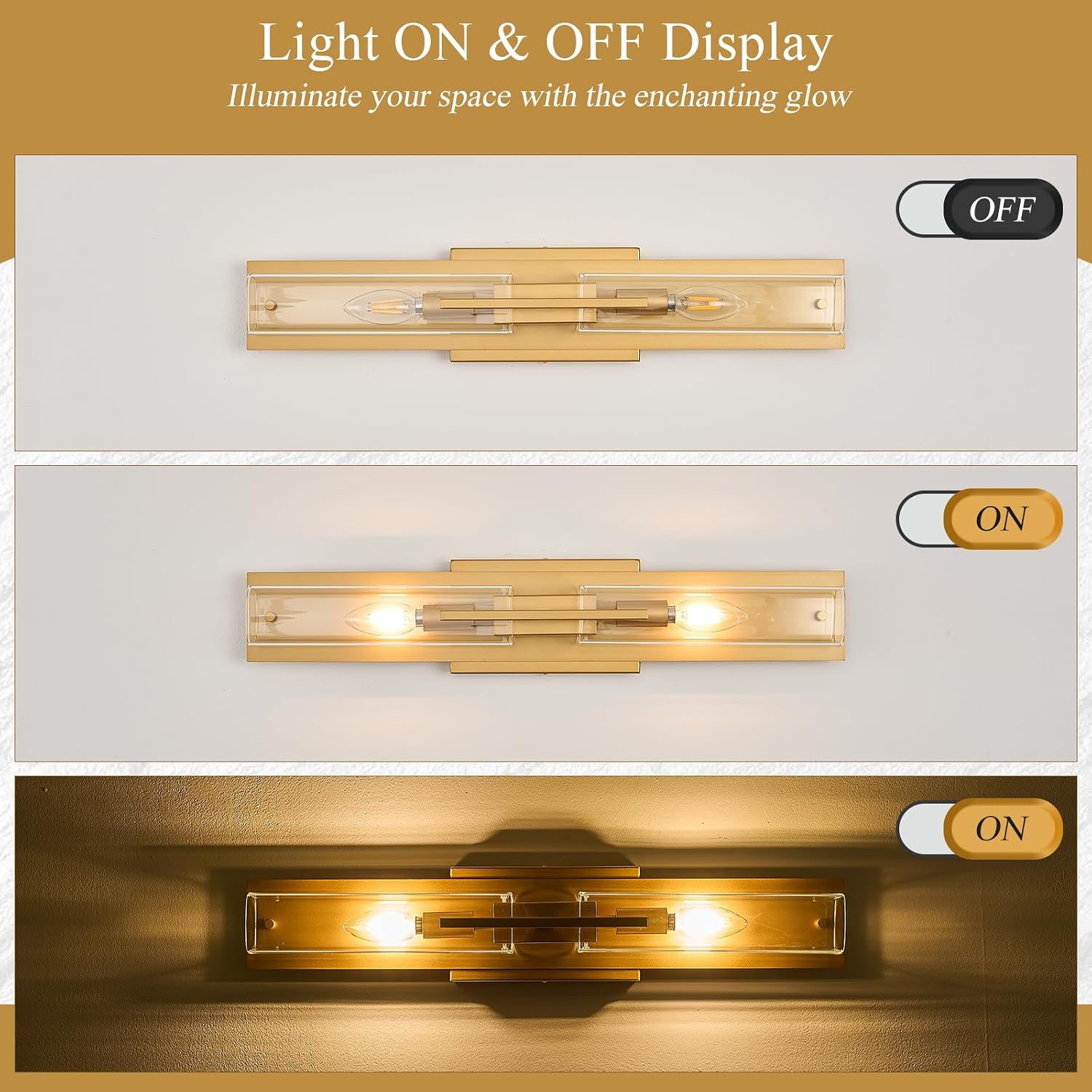 VitaLink Modern Bathroom Vanity Light Fixtures, 24-Inch Gold Modern Glass Bathroom Wall Lighting Fixtures Over Mirror Wall Mounting Lighting for Living Rooms Hallways Bedrooms image 3