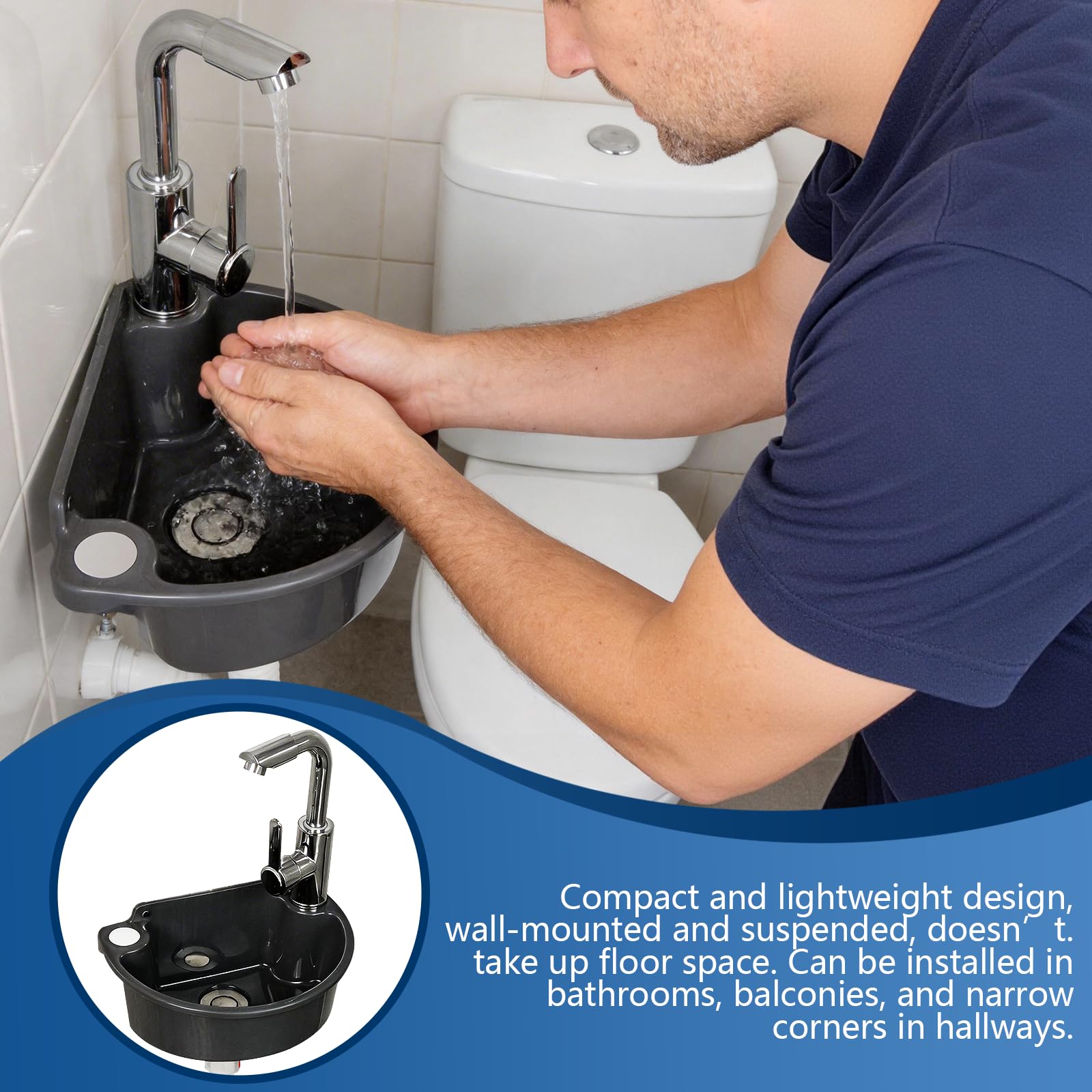 Lavabo da Parete in Plastica con Rubinetto Miscelatore, Set Completo con Tubi di Scarico e Alimentazione Lavandino Compatto per Bagno Giardino e Campeggio (Grigio)