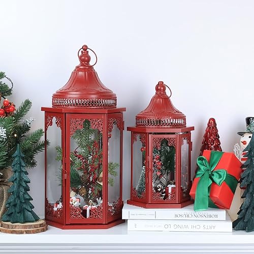 Miniatura 5 de NEEDOMO Juego de 2 faroles de Navidad de 2215 pulgadas con paneles de vidrio para decoración del hogar, faroles colgantes decorativos para