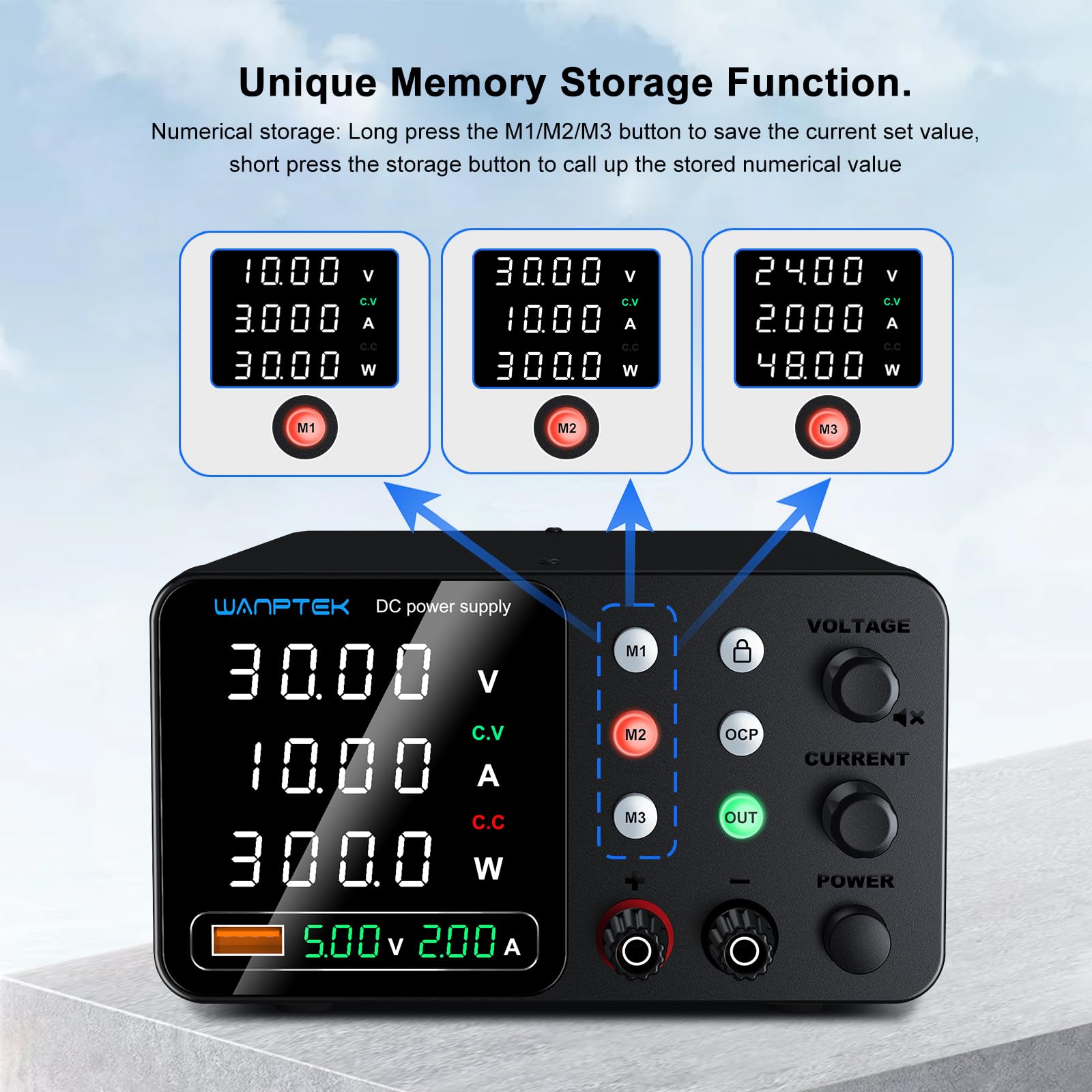 Fuente Alimentacion Regulable, Fuente Laboratorio 30V 10A Ajustable con 3 Memorias y Llave de Bloqueo, Protección OCP/Salidas/Carga Rápida USB con Pantalla