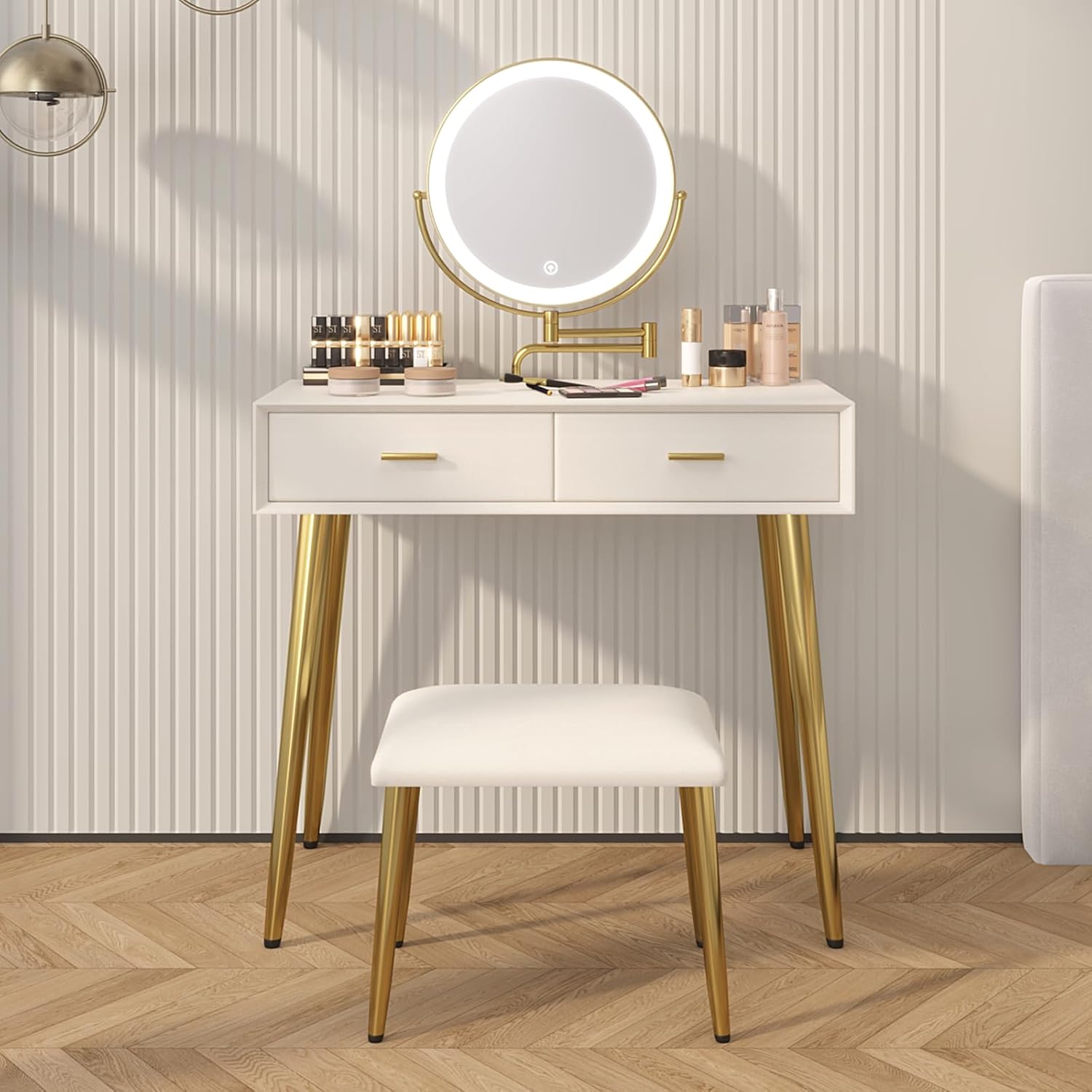 Compact Vanity Desk and Chair and LED Mirror, Minimalist Makeup Vanity with Microfiber Leather Finish, 2 Drawers, Stretchable LED Mirror with Adjustable Brightness, Easy Assembly for Girl Women