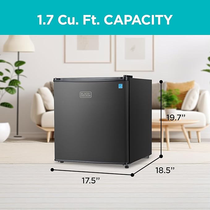 BLACK+DECKER 1.7 Cu. Ft. Compact Refrigerator, ENERGY STAR Certified, Single Door Mini Fridge with Chiller Compartment, Personal Fridge for Home or Dorm Room, R600a Refrigerant, BCRK17B, Black on Fridge.com
