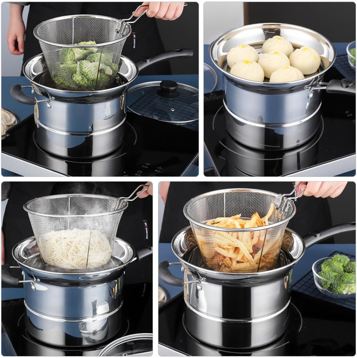 DOITOOL Stainless Steel Cooking Pot 22cm Multi-function Noodle Steamer Pot with Handle for Frying Stewing and Soup Random Style