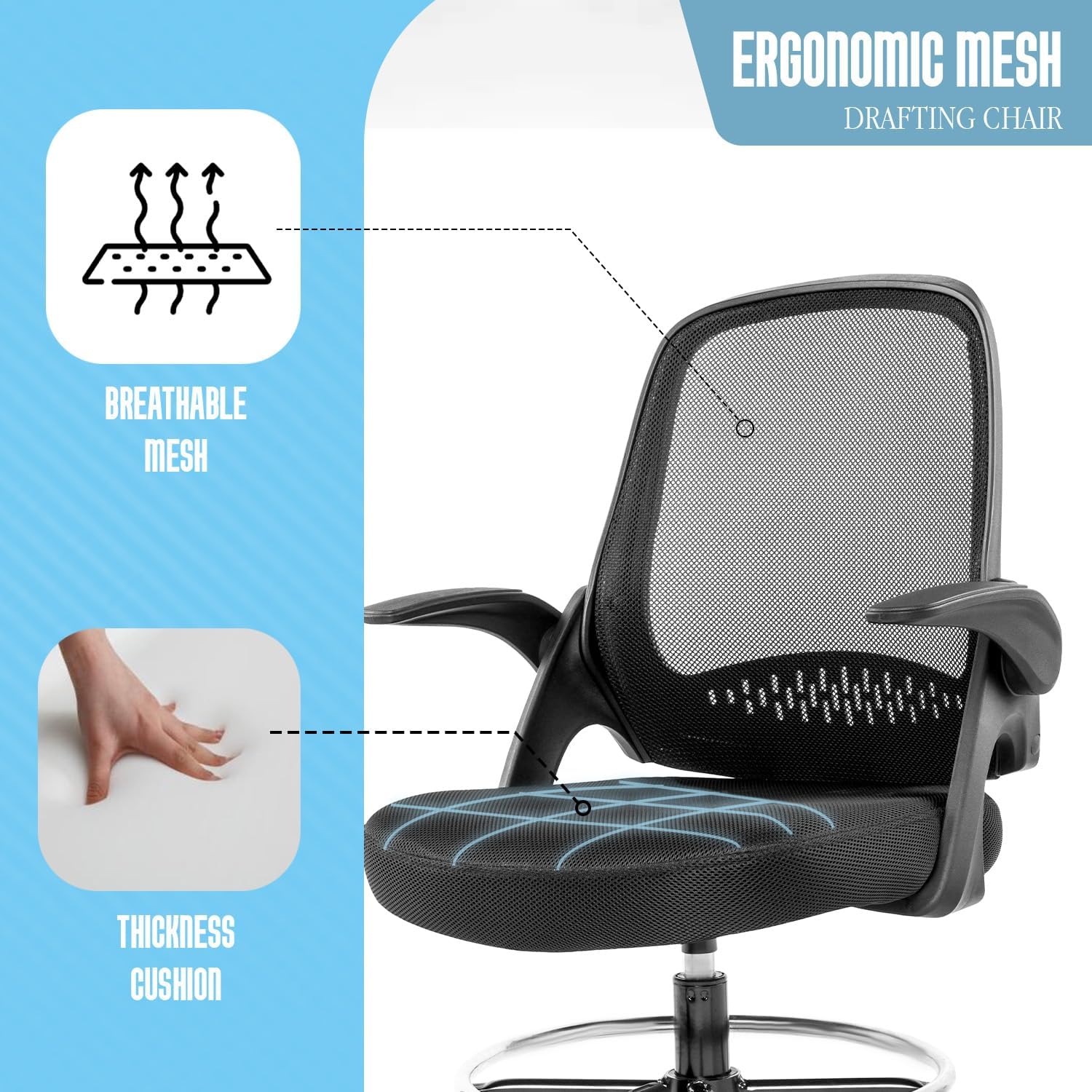 PayLessHere Tall Office Chair Drafting Chair Mesh Computer Chair Flip-up Armrests Ergonomic Standing Desk Chair with Lumbar Support and Swivel Rolling Executive Chair,Black