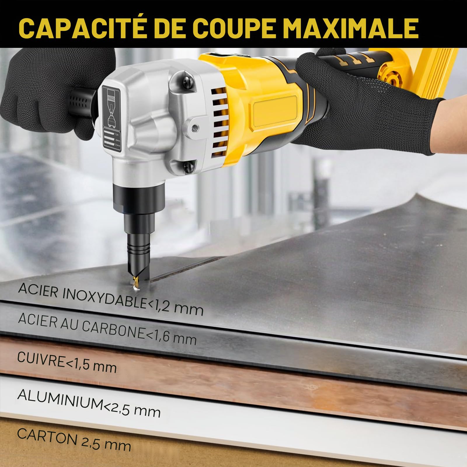 Grignoteuse de métal sans fil compatible avec batterie DeWalt 20V (sans batterie), cisaille électrique sans balais pour métal à 1900 tr/min avec tête grignoteuse rotative à 360°, grignoteuse