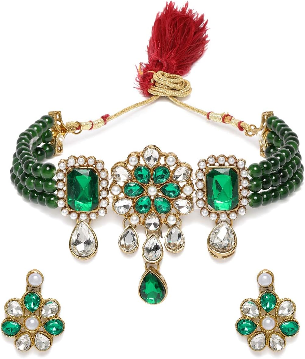 Multistrand Green Beads & Stones Traditional Choker Necklace & Earring Set For Women-Zpfk9966, Onesize