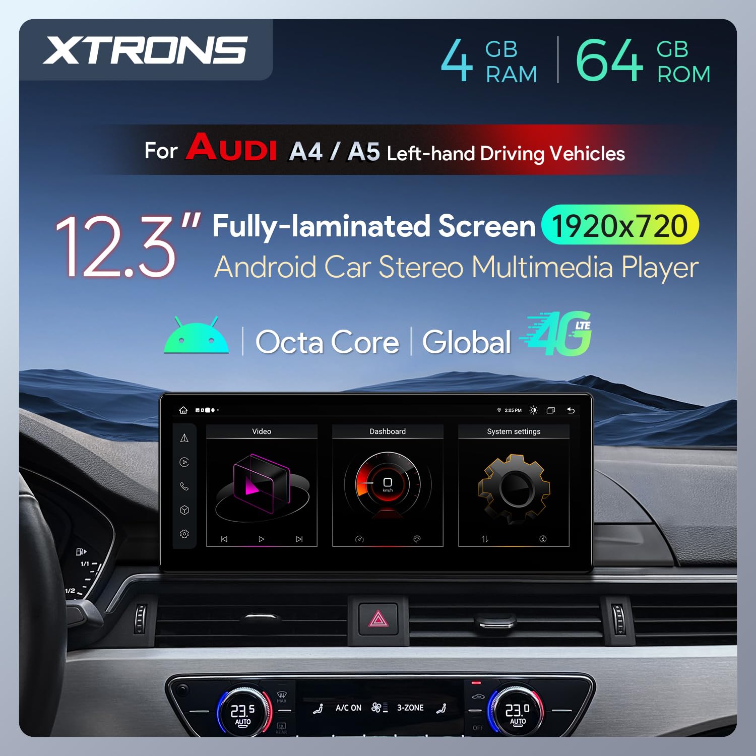 XTRONS 12.3 Inch Android 13 Car Stereo for Audi A4 A5 S4 S5 RS4 RS5 (B9)(2016-2020) MIB System, IPS Touch Screen 4+64GB Global 4G Car Radio GPS Navigation Support Wireless CarPlay Android Auto
