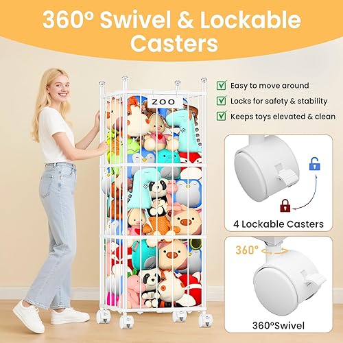 Vista 3 de TomCare Organizador de almacenamiento de metal extra grande para animales de peluche, con 4 ruedas bloqueables, ahorro de espacio, soporte