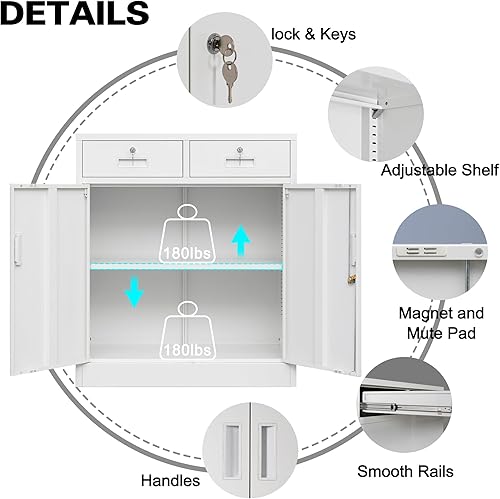 Miniatura 4 de CMY Armario de almacenamiento de metal con dos cajones, gabinetes de acero de 36 pulgadas de alto con estante ajustable, armario de almacenamiento