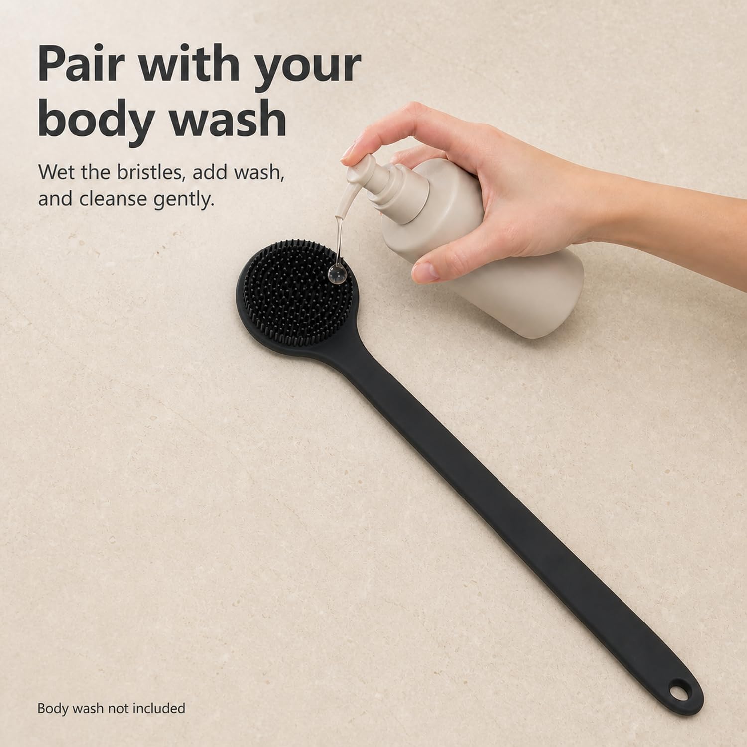 Silicone Back Scrubber for Shower, 15-Inch Long Handle Body Brush with Soft Bristles & Massage Nodes, Dual-Sided Shower Scrubber for Back, Quick Dry