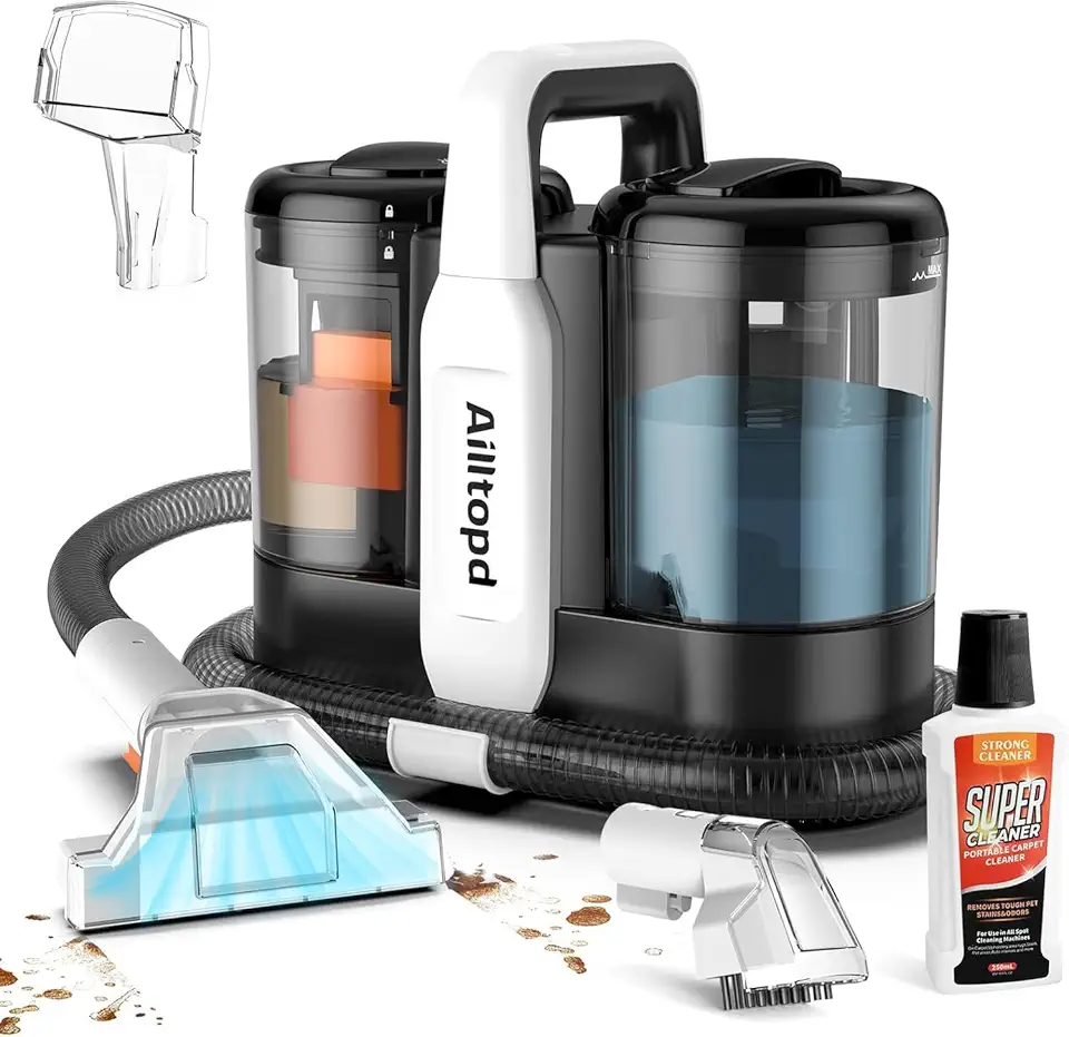 Portable Carpet & Upholstery Spot Cleaner,15Kpa Powerful Suction and Spot Remover, Deep Stain Cleaning for Carpet, Pets, Stairs, Car Seat, Couch, with Dual Size BrushHead and Cleaning Solutions