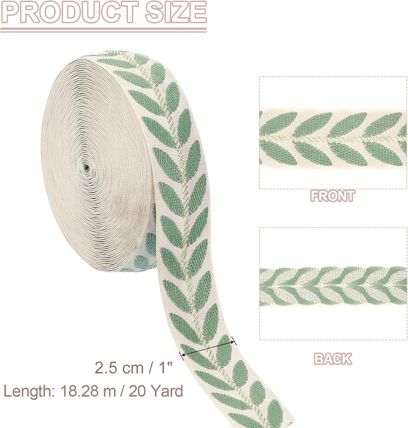 PATIKIL Leaf Pattern Jacquard Ribbon Trim, 1 Inch 20 Yard Polyester Jacquard Ribbon Sewing Leaves Webbing for Sewing Crafts, Home Decor, Apparel, Handmade Bags, Green