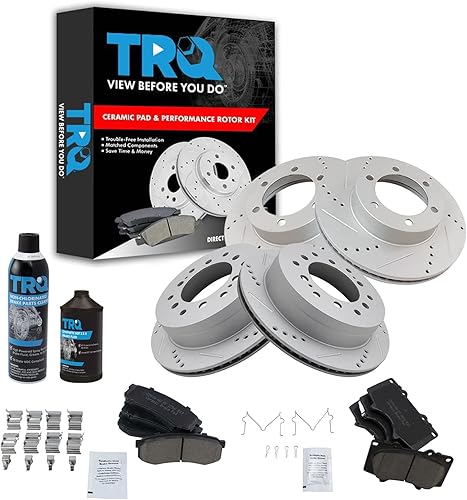 TRQ Kit de pastillas de cerámica para rotor de freno Performance con productos químicos