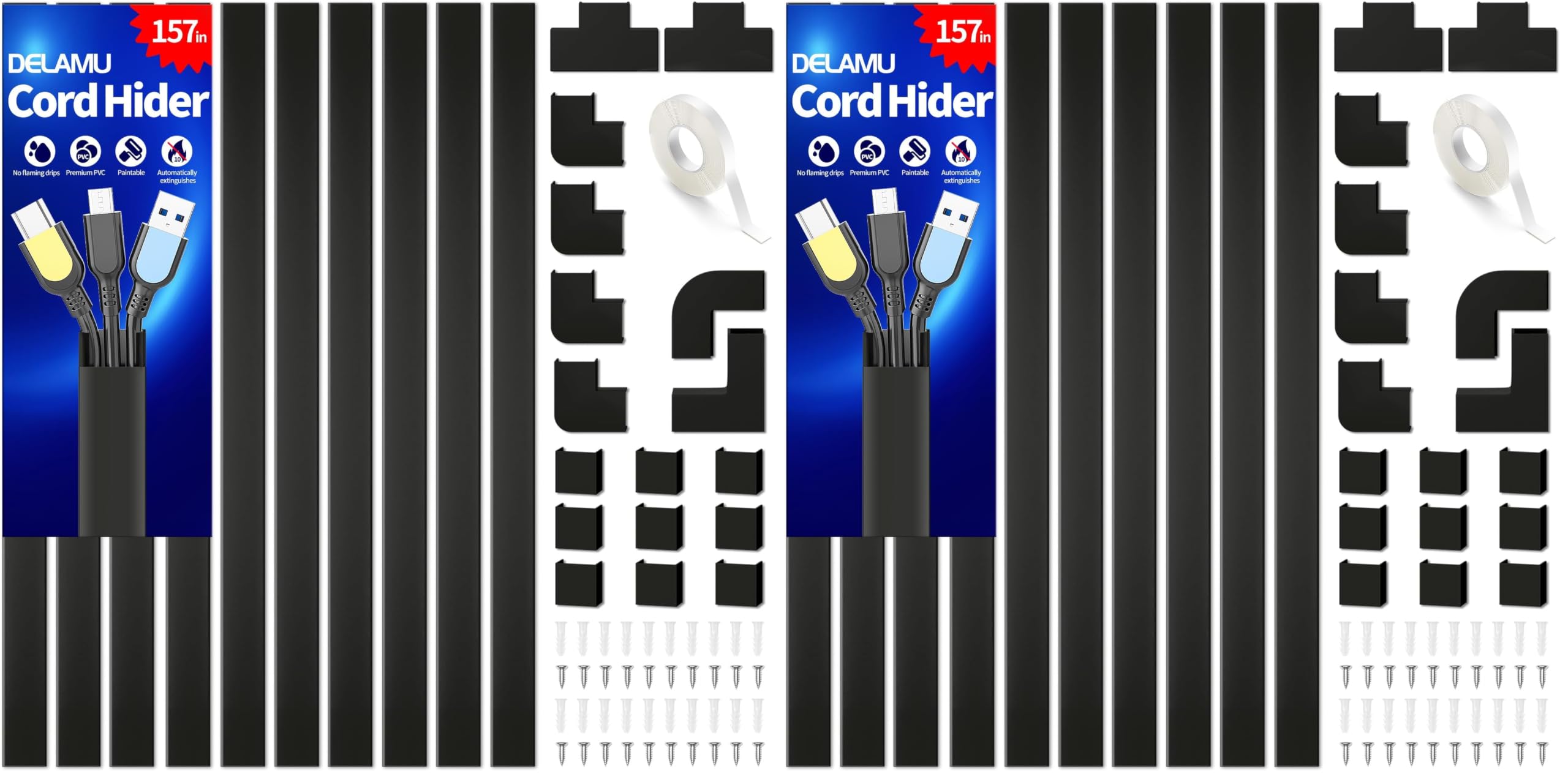 Cable Hider, 157in Delamu Cord Hider Wall for Wall Mounted TV, Wire Hider Kit, Paintable Cable Concealer Raceway Management for Home &amp; Office, 10XL15.7 W0.95 H0.55in, Black (Pack of 2)