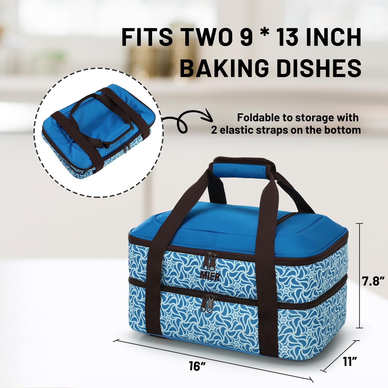 MIER Casseruola isolata per teglie da forno da 22,9 x 33 cm, doppia borsa termica per alimenti caldi o freddi, per lasagne e pasti, potluck feste, picnic, viaggi, blu