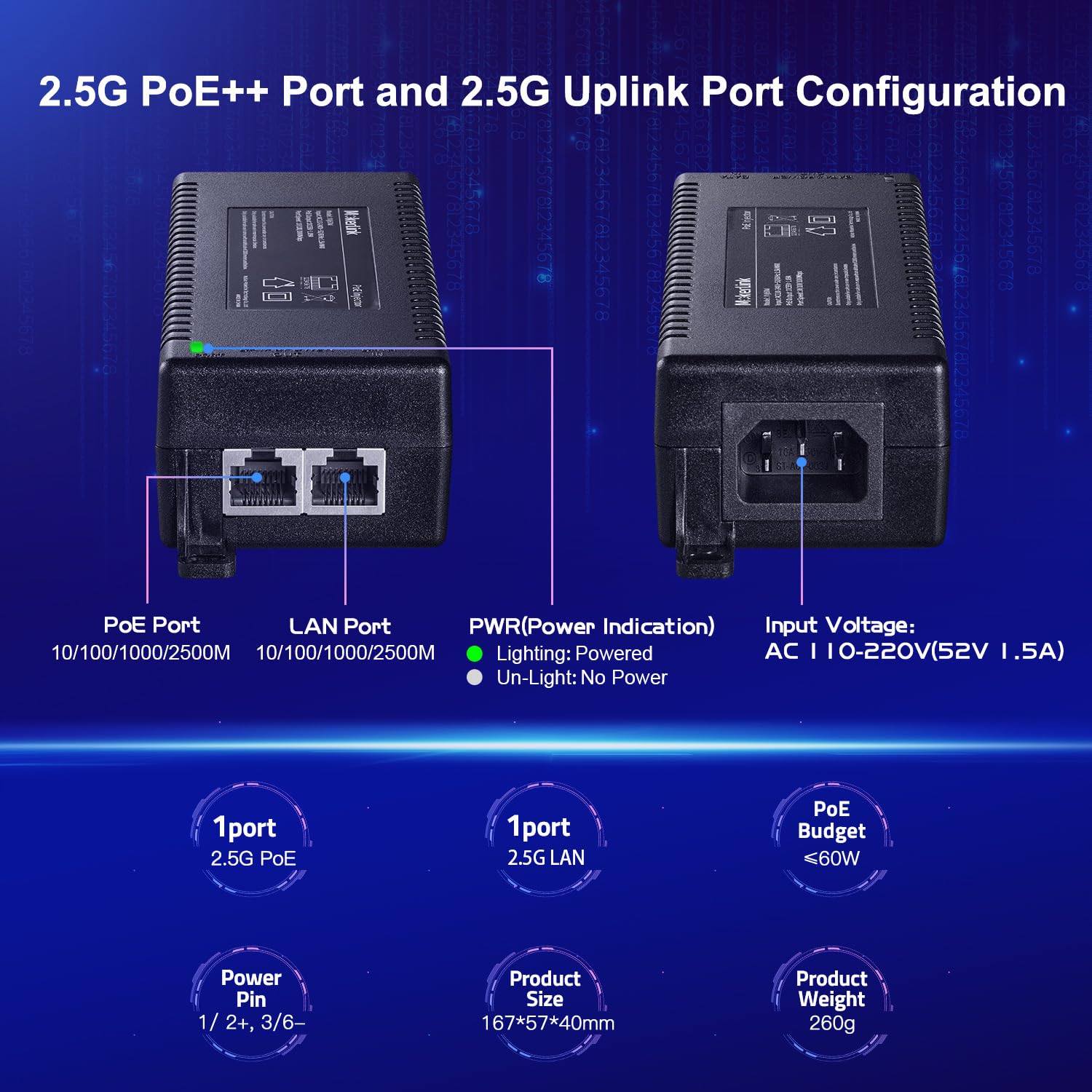 MokerLink Iniettore PoE da 2,5 Gigabit, 802.3af/at/bt 60W, Ethernet 2.5G/1G/100M, Plug & Play, adattatore non PoE a PoE, distanza fino a 100 metri