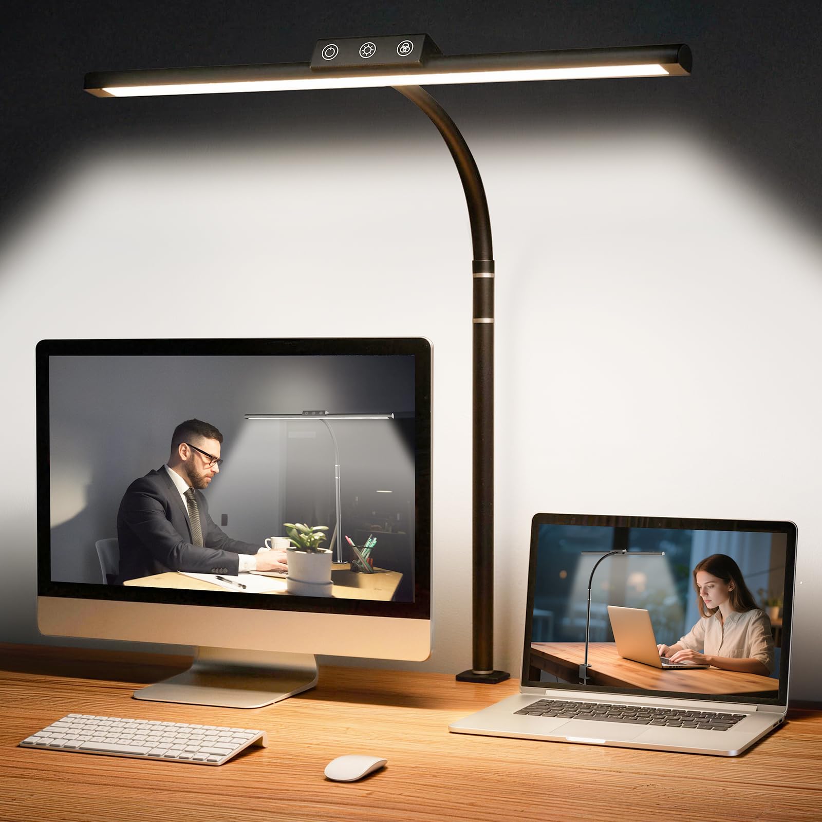 LED Desk Lamp for Home Office, Flexible Gooseneck Desk Lamp with Clamp, 5 Color Touch Control Stepless Dimming Adjustable Eye-Caring Desk Light with Adapter for Reading, Drafting, Study, Workbench - 1