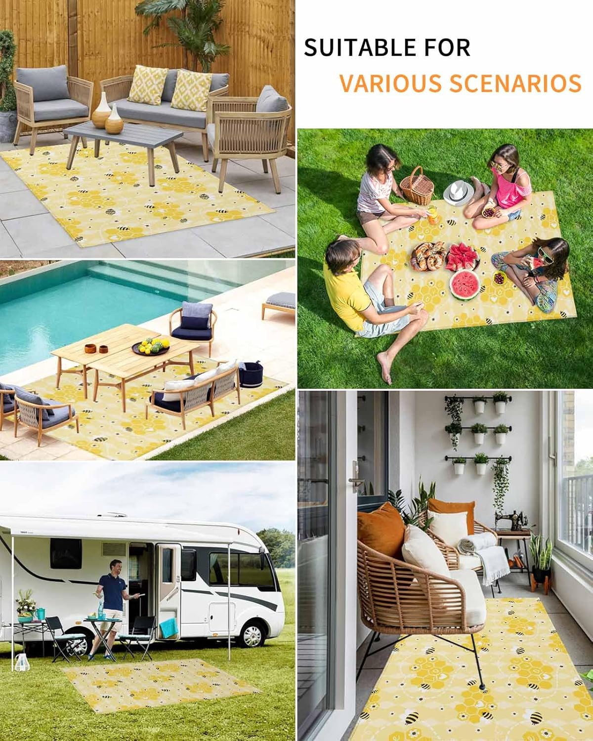 Outdoor Rug 4x6 ft Bee Honeycomb Outdoor Large Area Rug Non Slip Rubber Yellow Flowers Love Heart Front Door Mat RV Rug Camping Carpet Patio Outdoor Rugs for Backyard Balcony Deck Porch Indoor Outside