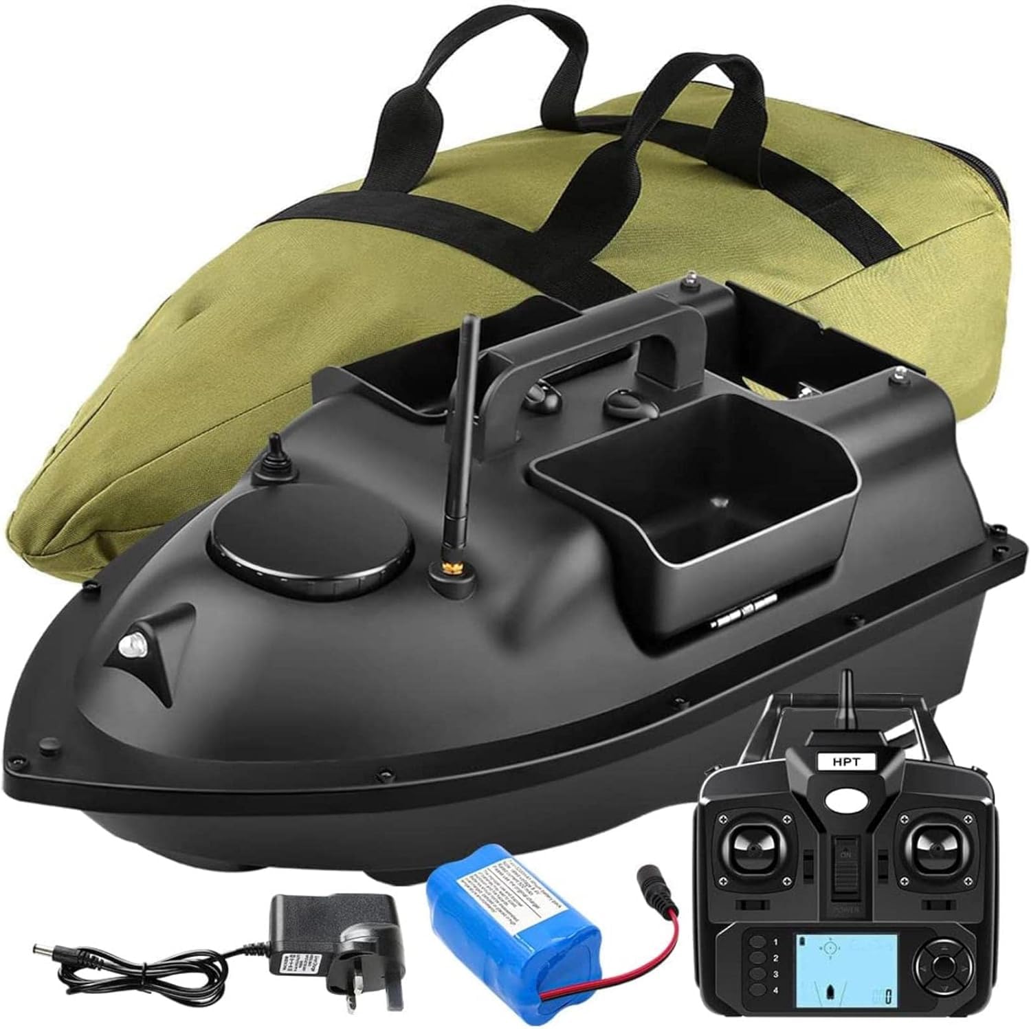 500m GPS Pesca Esca Barca con 3 Catapulta Tipo Bait Hoppers Carp Fishing Bait Boat Carp Hook Post Boat, Fish Finder con Sensore Sonar, Black Boat