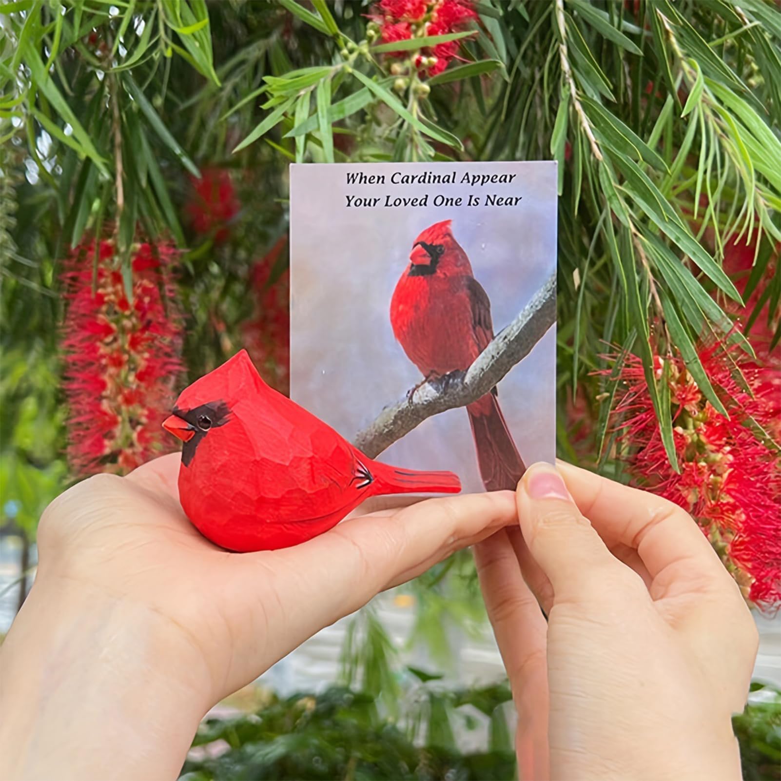 LWINGFLYER Small Carved Northern Cardinal Figurines, Handmade Female Cardinal 3.9inch Birds Craft Set, Cute Couple Birds Statues Home Decor Art Carving Work