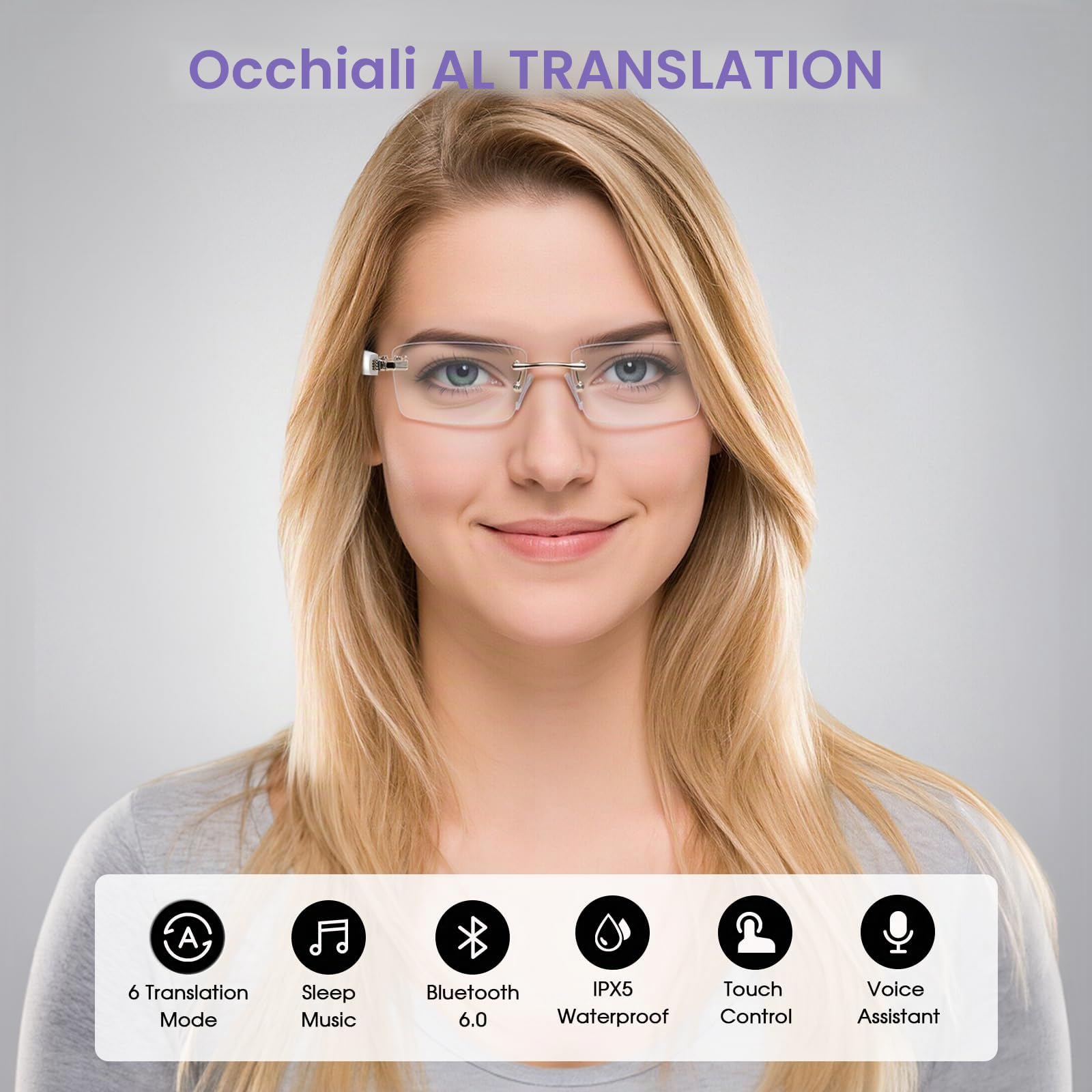 GenXenon Occhiali Smart AI, Occhiali AI con Altoparlanti Open-ear, Lenti Fotocromatiche, Musica, Chiamate in Musica, Vivavoce, Smart Glasses Senza Montatura per Viaggi, Lavoro, Studio (Bianco)